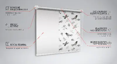 Blackout roller blind for window with a drawn birds and leaves pattern