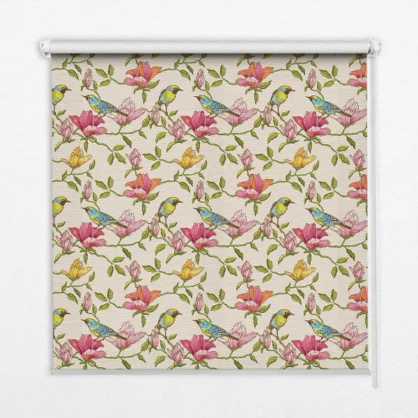 Blackout roller blind birds on flowers design