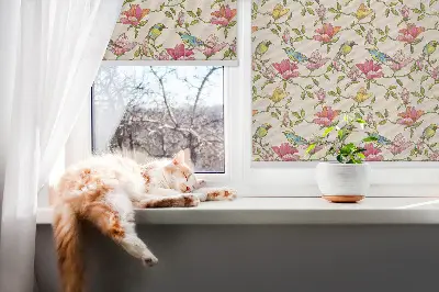 Blackout roller blind birds on flowers design
