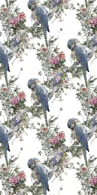 Fabric roller blind for window with parrots on flowers print
