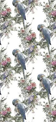 Fabric roller blind for window with parrots on flowers print