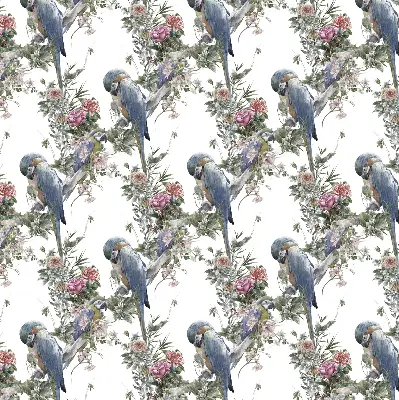 Fabric roller blind for window with parrots on flowers print