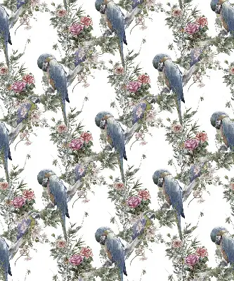 Fabric roller blind for window with parrots on flowers print