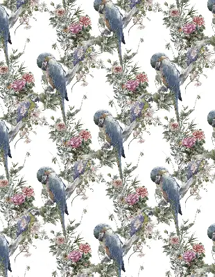 Fabric roller blind for window with parrots on flowers print