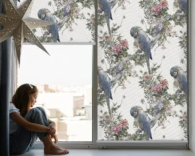 Fabric roller blind for window with parrots on flowers print