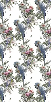 Fabric roller blind for window with parrots on flowers print