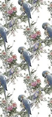 Fabric roller blind for window with parrots on flowers print