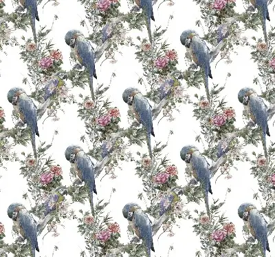 Fabric roller blind for window with parrots on flowers print