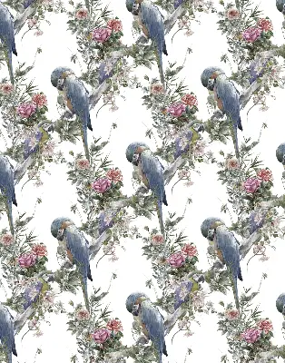 Fabric roller blind for window with parrots on flowers print