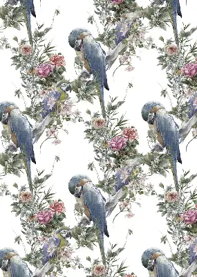 Fabric roller blind for window with parrots on flowers print