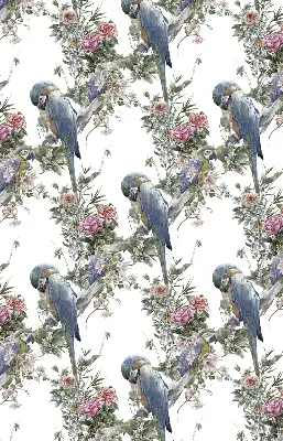 Fabric roller blind for window with parrots on flowers print