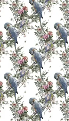 Fabric roller blind for window with parrots on flowers print