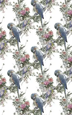 Fabric roller blind for window with parrots on flowers print