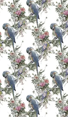 Fabric roller blind for window with parrots on flowers print