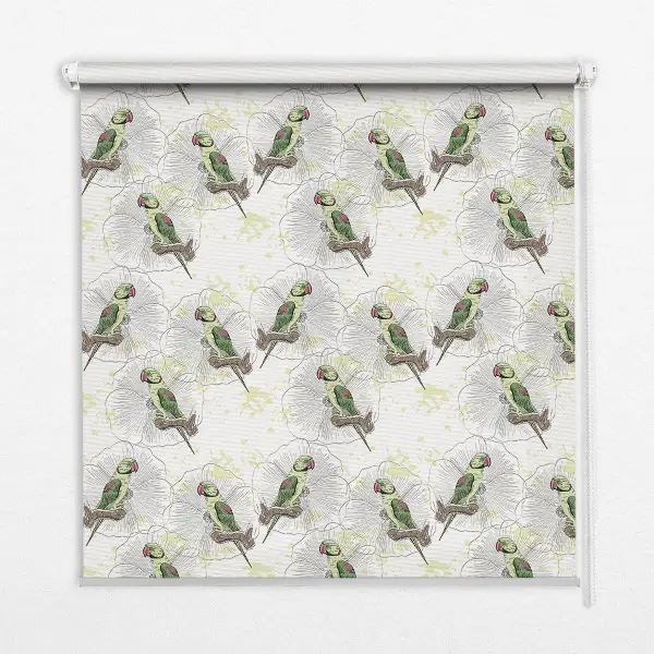 Fabric roller blind for window with parrots on a branch pattern