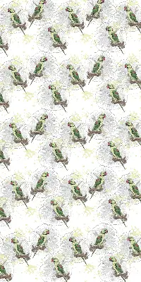 Fabric roller blind for window with parrots on a branch pattern