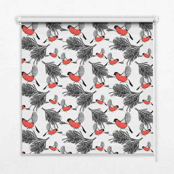 Blackout roller blind with bullfinch bird print
