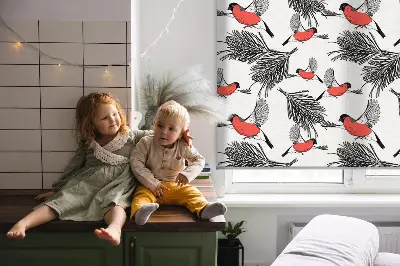 Blackout roller blind with bullfinch bird print