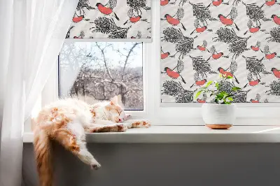 Blackout roller blind with bullfinch bird print