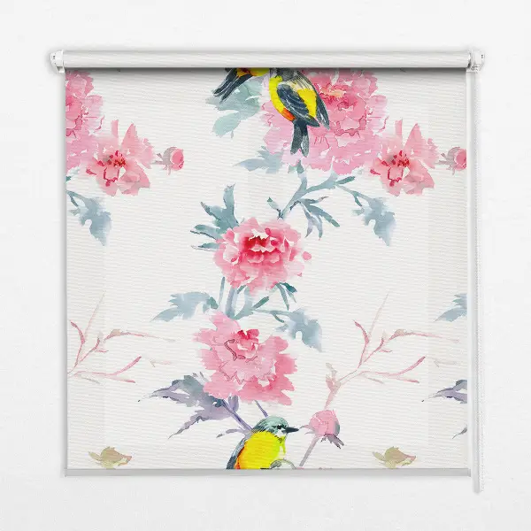 Blackout roller blind for window birds on flowers pattern