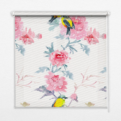 Blackout roller blind for window birds on flowers pattern