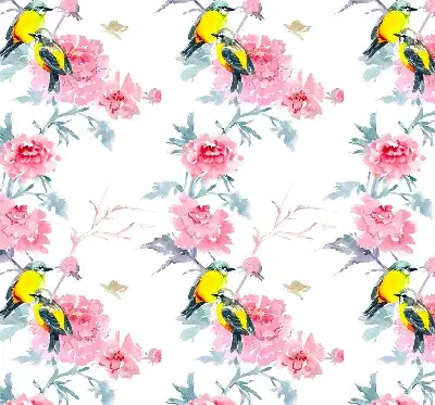 Blackout roller blind for window birds on flowers pattern
