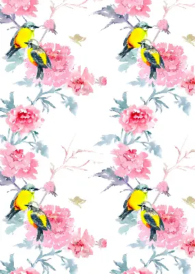 Blackout roller blind for window birds on flowers pattern