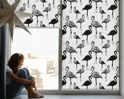 Fabric roller blind for window black flamingos print
