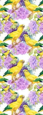 Fabric roller blind for window with yellow parrots print