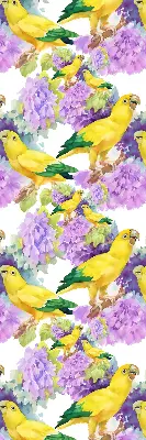 Fabric roller blind for window with yellow parrots print