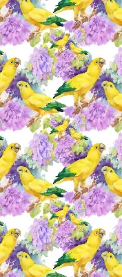 Fabric roller blind for window with yellow parrots print