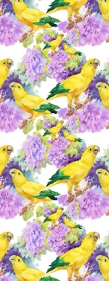 Fabric roller blind for window with yellow parrots print