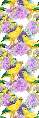 Fabric roller blind for window with yellow parrots print
