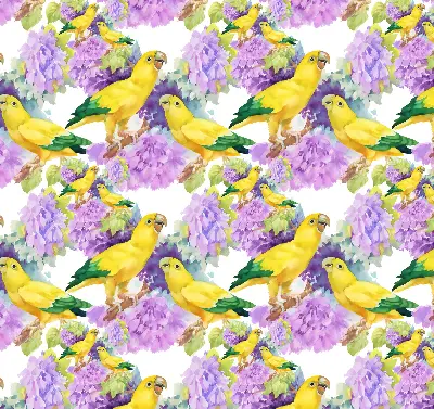 Fabric roller blind for window with yellow parrots print