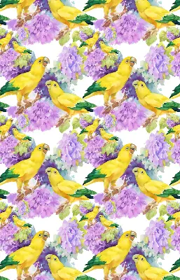Fabric roller blind for window with yellow parrots print