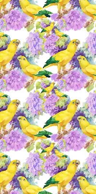 Fabric roller blind for window with yellow parrots print