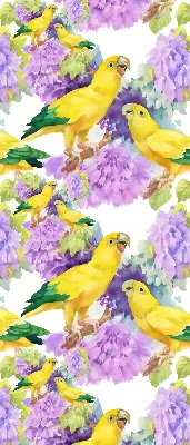 Fabric roller blind for window with yellow parrots print