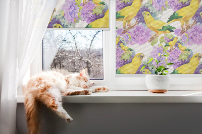Fabric roller blind for window Yellow parrots
