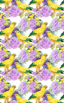 Fabric roller blind for window with yellow parrots print