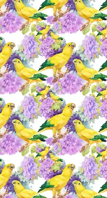 Fabric roller blind for window with yellow parrots print