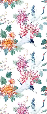 Fabric roller blind for window heron and flower print