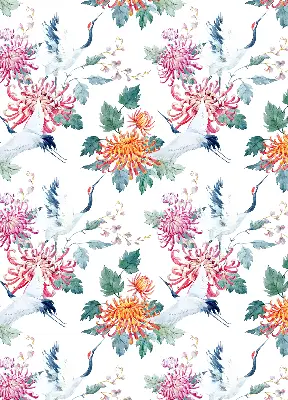 Fabric roller blind for window heron and flower print