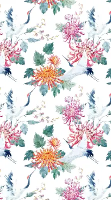 Fabric roller blind for window heron and flower print