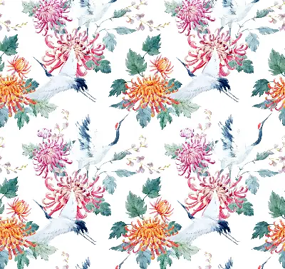 Fabric roller blind for window heron and flower print