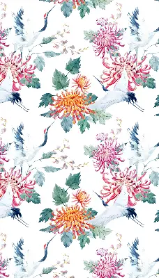 Fabric roller blind for window heron and flower print
