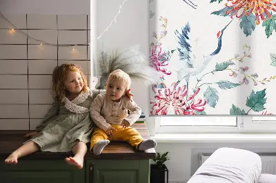 Fabric roller blind for window heron and flower print