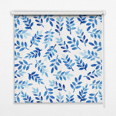 Blackout roller blind for window with blue leaves print