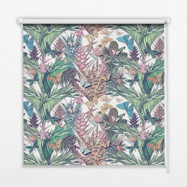 Blackout roller blind with a butterflies on flowers pattern