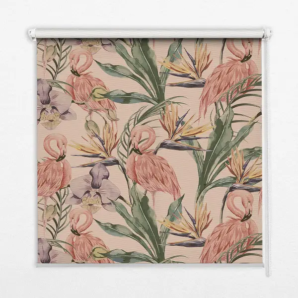 Blackout roller blind for window with flamingos and flowers print