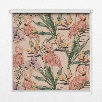 Blackout roller blind for window with flamingos and flowers print